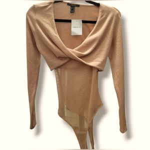 NWT Forever21 Mes-sheer Bodysuit with attached pullover cover up. Small. BEIGE.